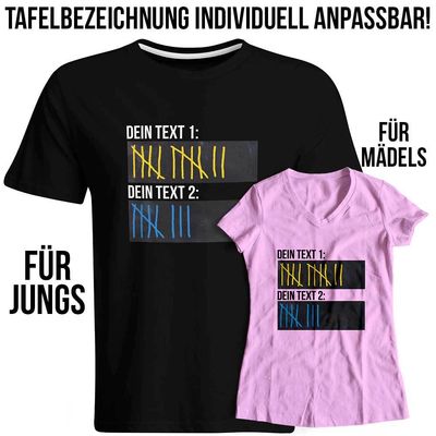 T-Shirt Strichliste mit Wunschtext, Tafeln mit Kreide beschreibbar inkl. 12er-Pack Kreide (Verschiedene Ausführungen)