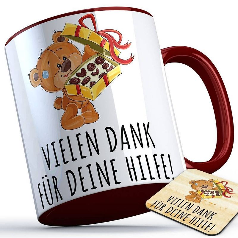 Vielen Dank für deine Hilfe Tasse (Bär mit Pralinen) inkl. passendem Untersetzer süße Sprüchetasse (5 Varianten)