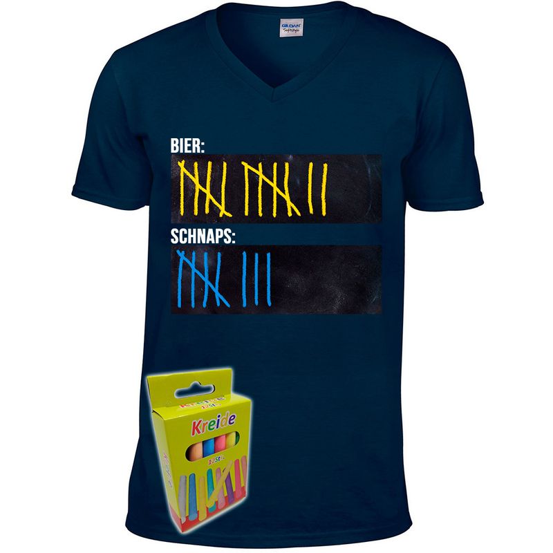 T-Shirt Strichliste Bier & Schnaps mit Kreide beschreibbar inkl. 12er-Pack Kreide (Herren, V-Neck, verschiedene Farben)