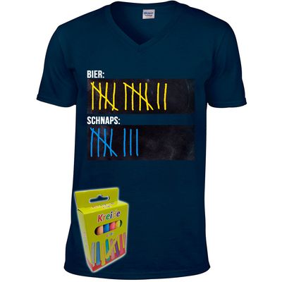 T-Shirt Strichliste Bier & Schnaps mit Kreide beschreibbar inkl. 12er-Pack Kreide (Herren, V-Neck, verschiedene Farben)