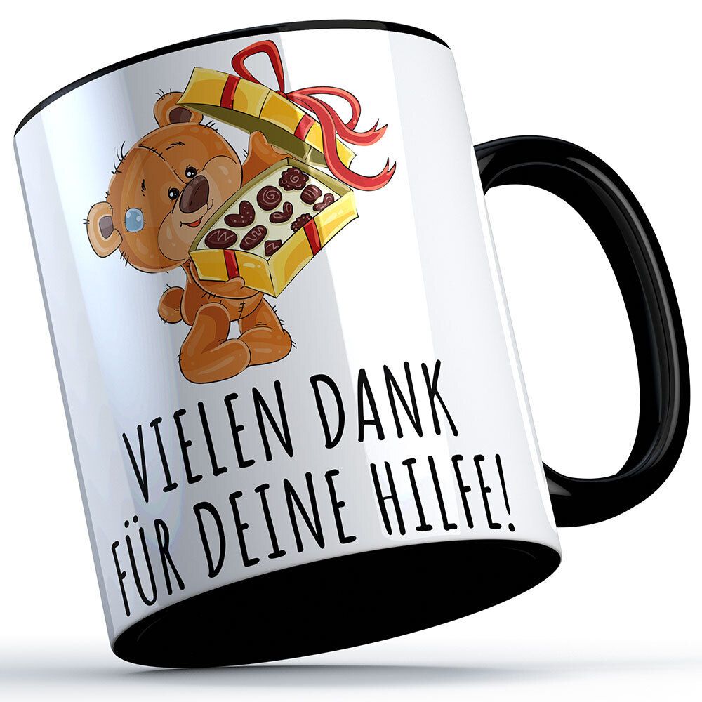 Vielen Dank für deine Hilfe Tasse (Bär mit Pralinen) süße Sprüchetasse (5 Varianten)