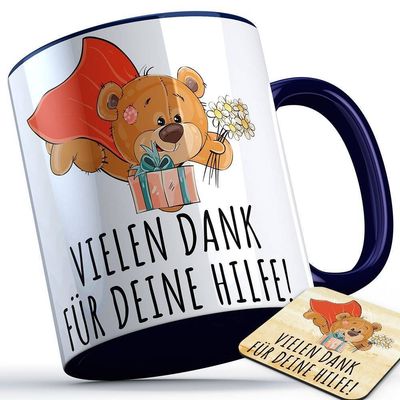 Vielen Dank für deine Hilfe Tasse (fliegender Bär) inkl. passender Untersetzer süße Sprüchetasse (5 Varianten)