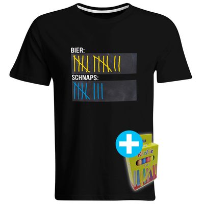 T-Shirt Strichliste Bier & Schnaps mit Kreide beschreibbar inkl. 12er-Pack Kreide (Herren, Rundhals, verschiedene Farben) T-Shirt Strichliste Bier & Schnaps mit Kreide beschreibbar inkl. 12er-Pack Kreide (Herren, Rundhals, verschiedene Farben)
