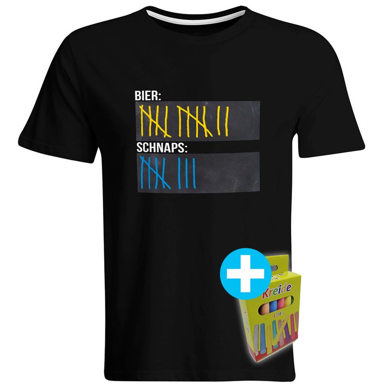 T-Shirt Strichliste Bier & Schnaps mit Kreide beschreibbar inkl. 12er-Pack Kreide (Herren, Rundhals, verschiedene Farben) T-Shirt Strichliste Bier & Schnaps mit Kreide beschreibbar inkl. 12er-Pack Kreide (Herren, Rundhals, verschiedene Farben)