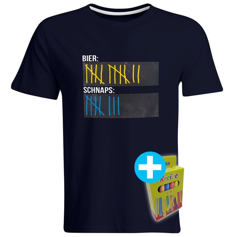 T-Shirt Strichliste Bier & Schnaps mit Kreide beschreibbar inkl. 12er-Pack Kreide (Herren, Rundhals, verschiedene Farben)