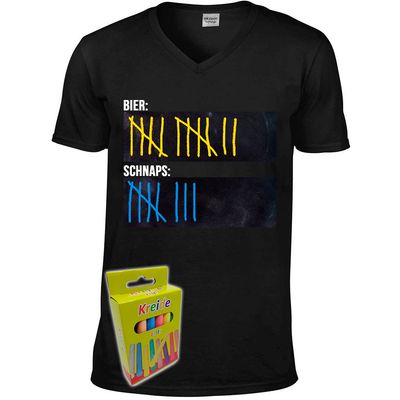 T-Shirt Strichliste Bier & Schnaps mit Kreide beschreibbar inkl. 12er-Pack Kreide (Herren, V-Neck, verschiedene Farben) T-Shirt Strichliste Bier & Schnaps mit Kreide beschreibbar inkl. 12er-Pack Kreide (Herren, V-Neck, verschiedene Farben)