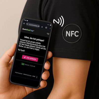 NFC-Patch zum Aufbügeln auf eigene Kleidung mit Link zu deinem Social-Media-Profil wie TikTok, Instagram, Facebook oder einer Website deiner Wahl)