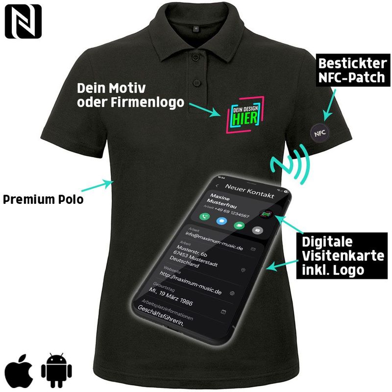 NFC-Poloshirt mit eigenem Firmenlogo und besticktem NFC-Chip (Digitale Visitenkarte) | Damen