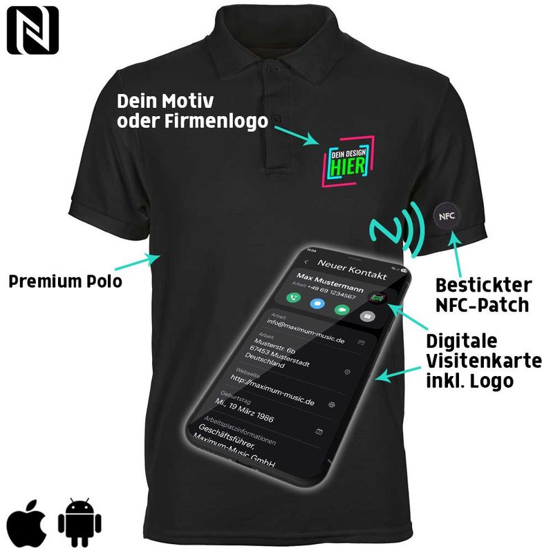 NFC-Poloshirt mit eigenem Firmenlogo und besticktem NFC-Chip (Digitale Visitenkarte) | Herren