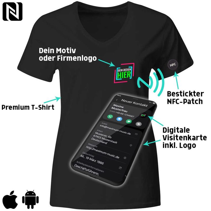 NFC T-Shirt mit eigenem Firmenlogo und besticktem NFC-Chip (Digitale Visitenkarte) | Damen