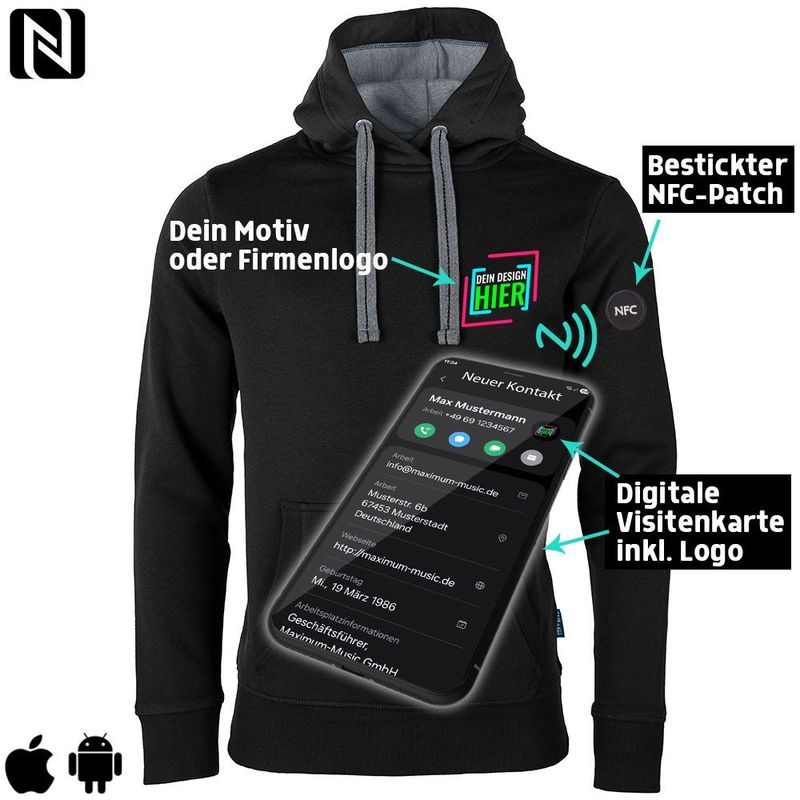 NFC Luxury-Hoodie mit eigenem Firmenlogo und besticktem NFC-Chip (Digitale Visitenkarte) | Unisex