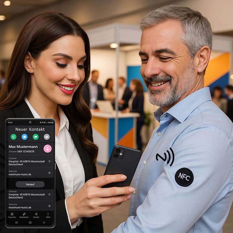 NFC-Patch "Business Edition" zum Aufbügeln auf eigene Kleidung mit Link zur digitalen Visitenkarte, die sich direkt in den Kontakten des Smartphones speichert