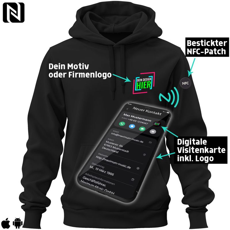 NFC-Hoodie mit eigenem Firmenlogo und besticktem NFC-Chip (Digitale Visitenkarte) | Unisex