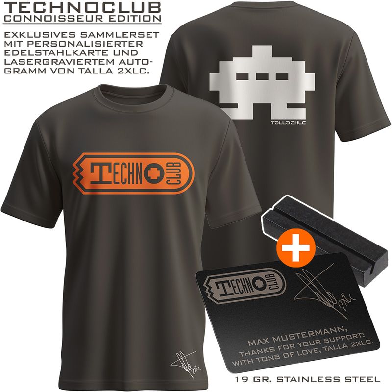 Technoclub Sammlerset "Connoisseur Edition" bestehend aus exklusivem T-Shirt und lasergravierter Edelstahl-Autogrammkarte von Talla 2XLC inkl. Namenswidmung (Men / Smoky Grey)