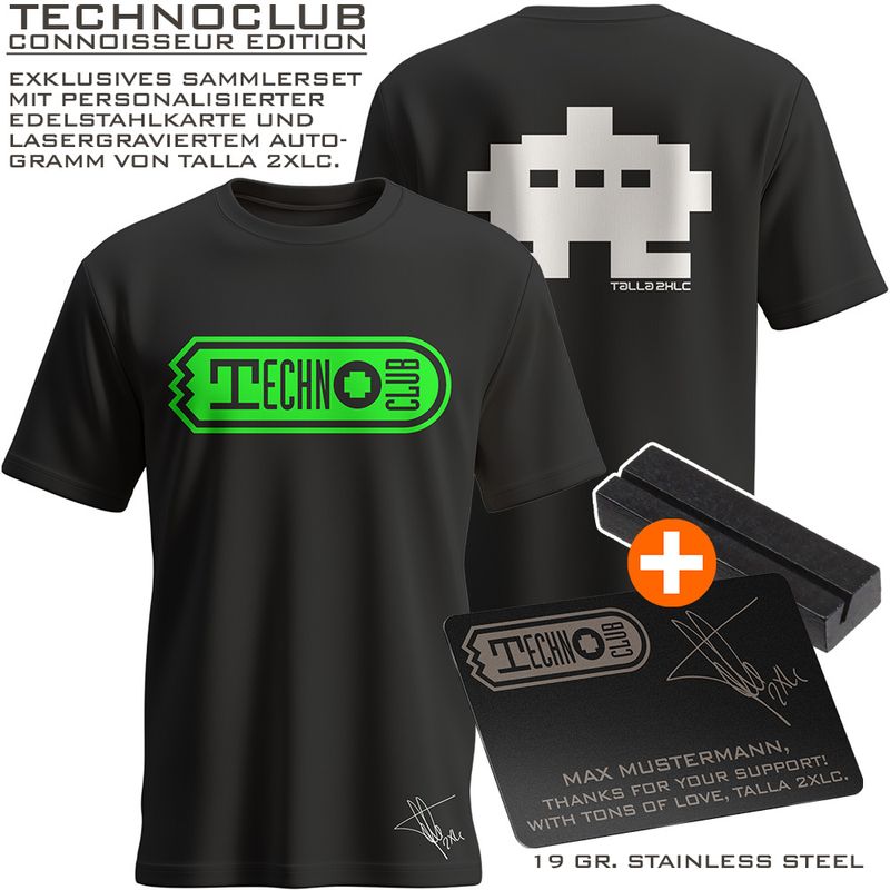 Technoclub Sammlerset "Connoisseur Edition" bestehend aus exklusivem T-Shirt und lasergravierter Edelstahl-Autogrammkarte von Talla 2XLC inkl. Namenswidmung (Men / verschiedene Farben)