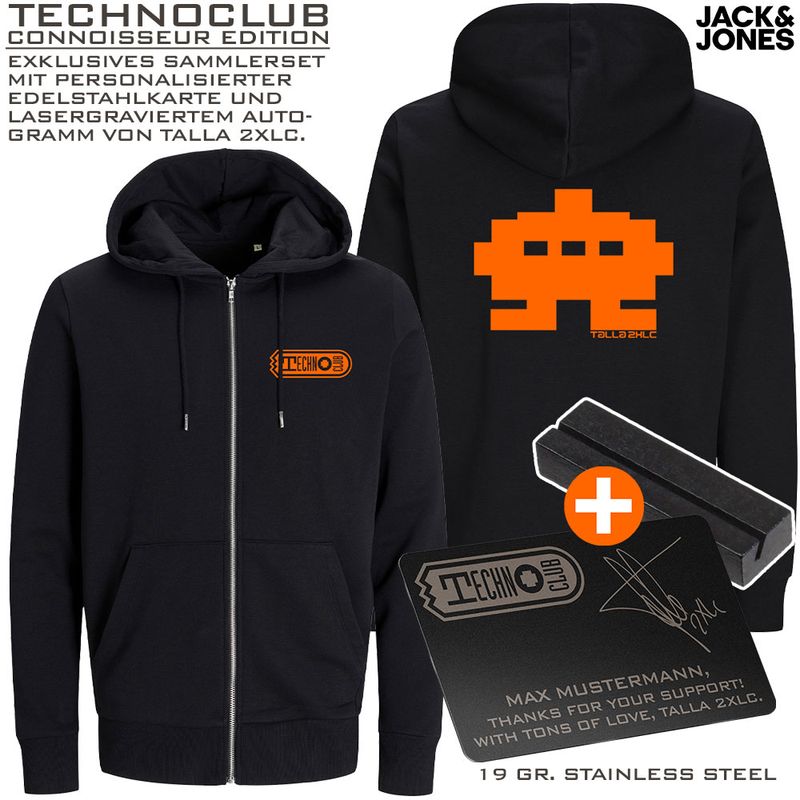 Technoclub "Connoisseur Edition" bestehend aus exklusiver Reißverschlussjacke by Jack & Jones und lasergravierter Edelstahl-Autogrammkarte von Talla 2XLC inkl. Namenswidmung (Unisex)