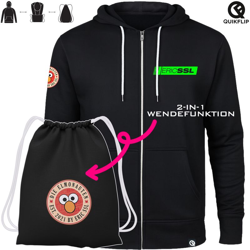 Quikflip© Die Elmonauten Reißverschlussjacke mit integriertem Festival-Bag (Unisex)