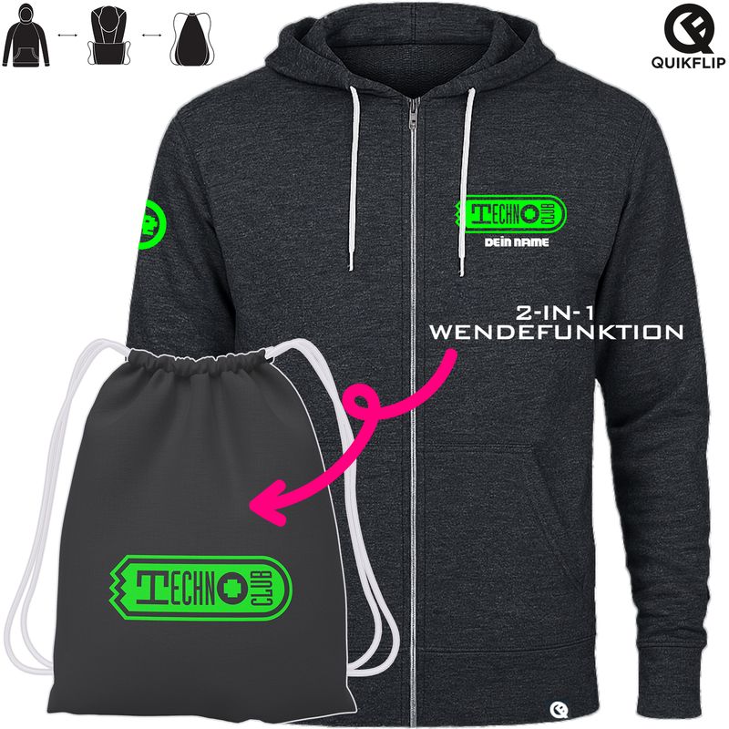 Quikflip© Technoclub Zip-Jacket mit integriertem Festival-Bag, personalisierbar mit Wunschname (Unisex)