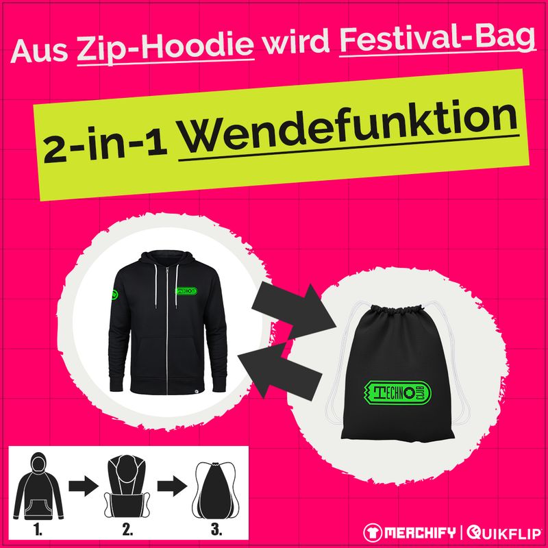 Quikflip© Technoclub Zip-Jacket mit integriertem Festival-Bag (Unisex)