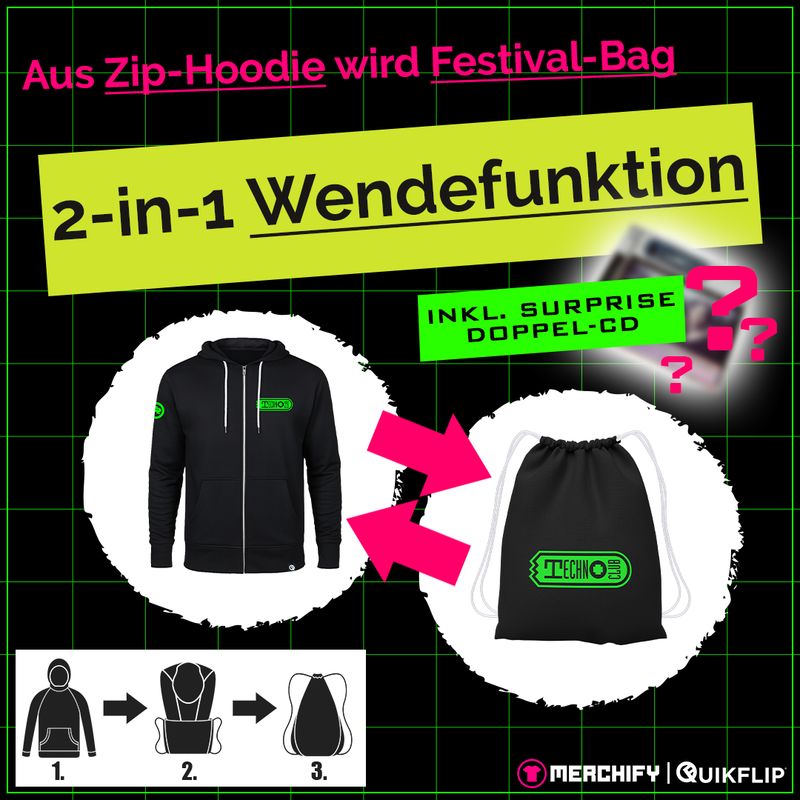 Quikflip© Technoclub Zip-Hoodie mit integriertem Festival-Bag (Unisex)