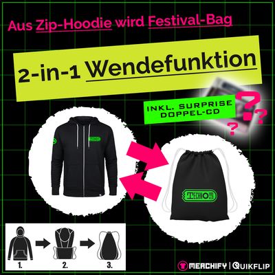 Quikflip© Technoclub Zip-Hoodie mit integriertem Festival-Bag (Unisex)