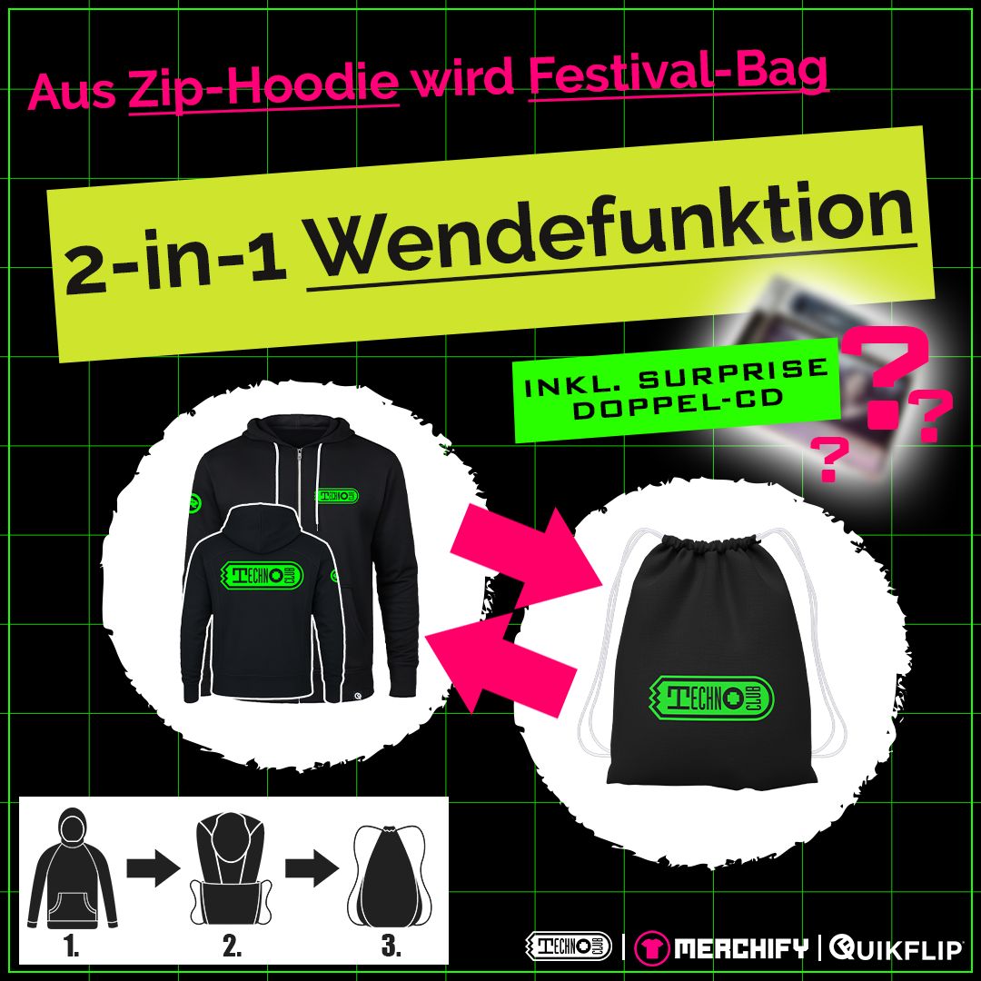 Quikflip© Technoclub Zip-Hoodie mit integriertem Festival-Bag (Unisex)