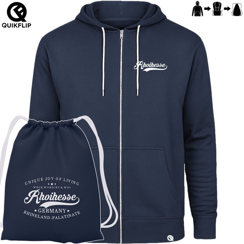 "Weck, Worscht & Woi - Rhoihesse!" Zip-Hoodie, verwandelbar in Funzelfahrt-Bag (Unisex) | by Quikflip©