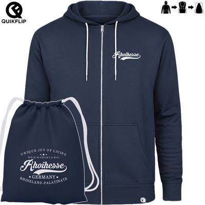 "Weck, Worscht & Woi - Rhoihesse!" Zip-Hoodie, verwandelbar in Festival-Bag (Unisex) | by Quikflip©
