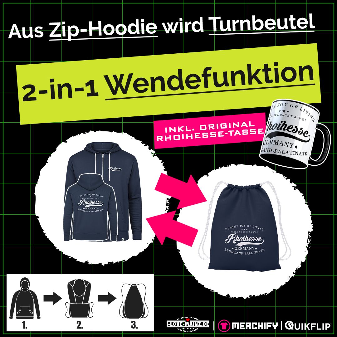 "Weck, Worscht & Woi - Rhoihesse" Zip-Hoodie, verwandelbar in Turnbeutel (Unisex) | by Quikflip©