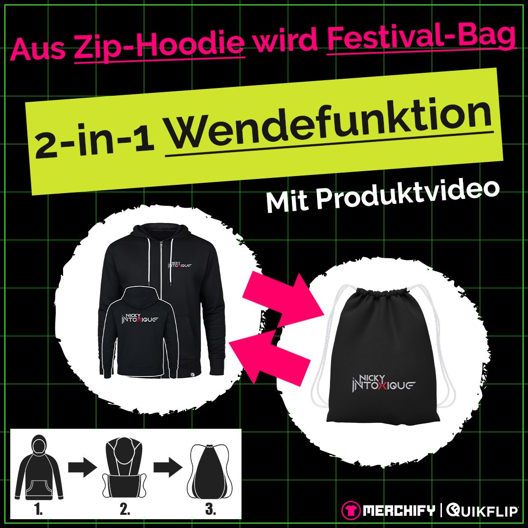 Quikflip© Nicky Intoxique Zip-Hoodie mit integriertem Festival-Bag (Unisex)