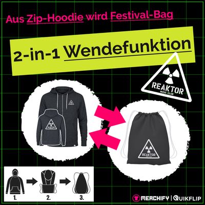 Quikflip© REAKTOR Zip-Hoodie mit integriertem Festival-Bag | Retro-Logo (Unisex)