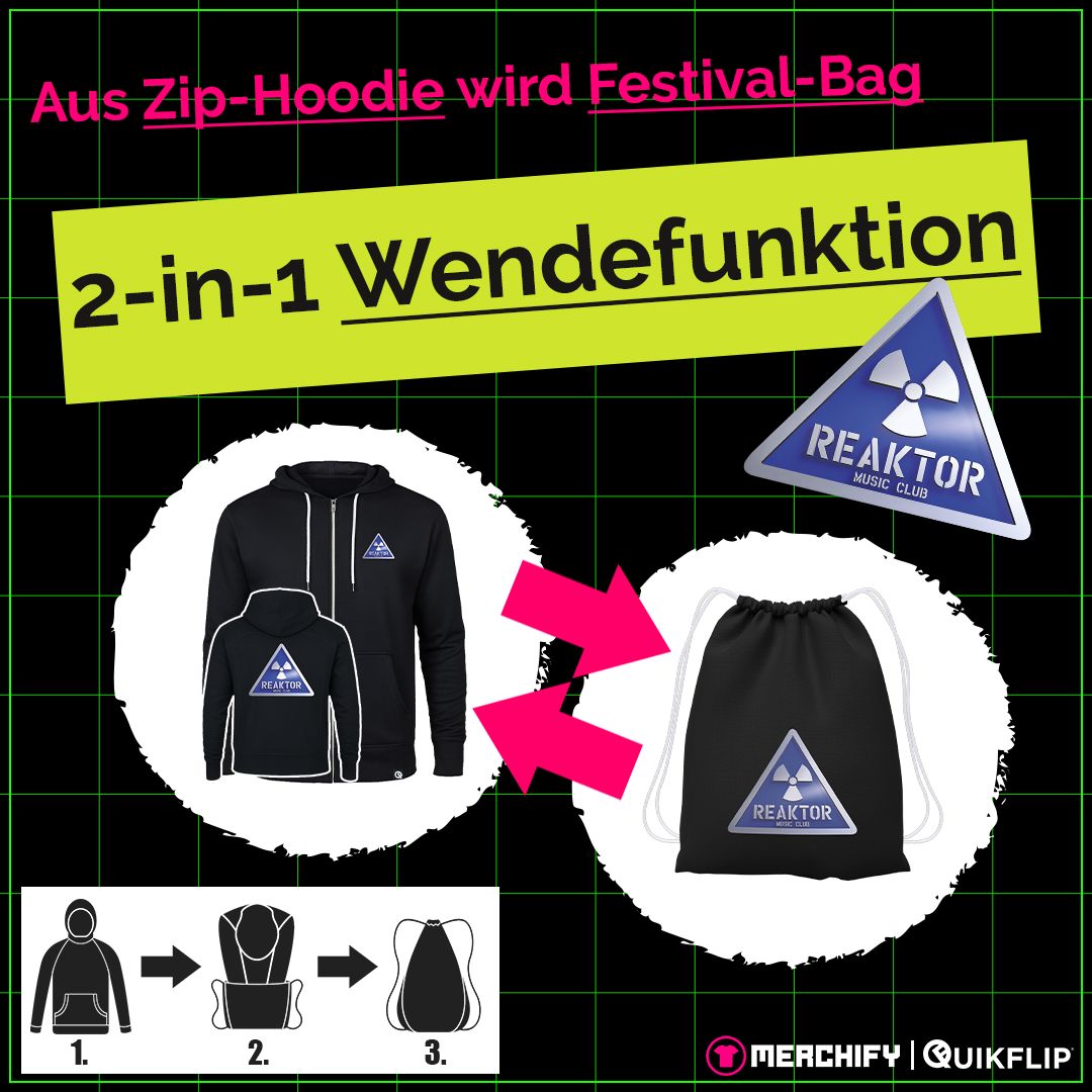 Quikflip© REAKTOR Zip-Hoodie mit integriertem Festival-Bag | Blue-Logo (Unisex)