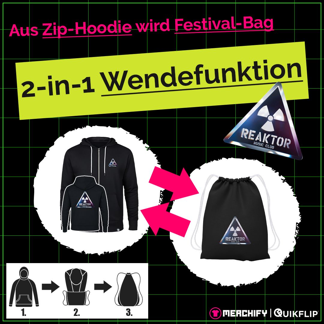 Quikflip© REAKTOR Zip-Hoodie mit integriertem Festival-Bag | Chromelook-Logo (Unisex)