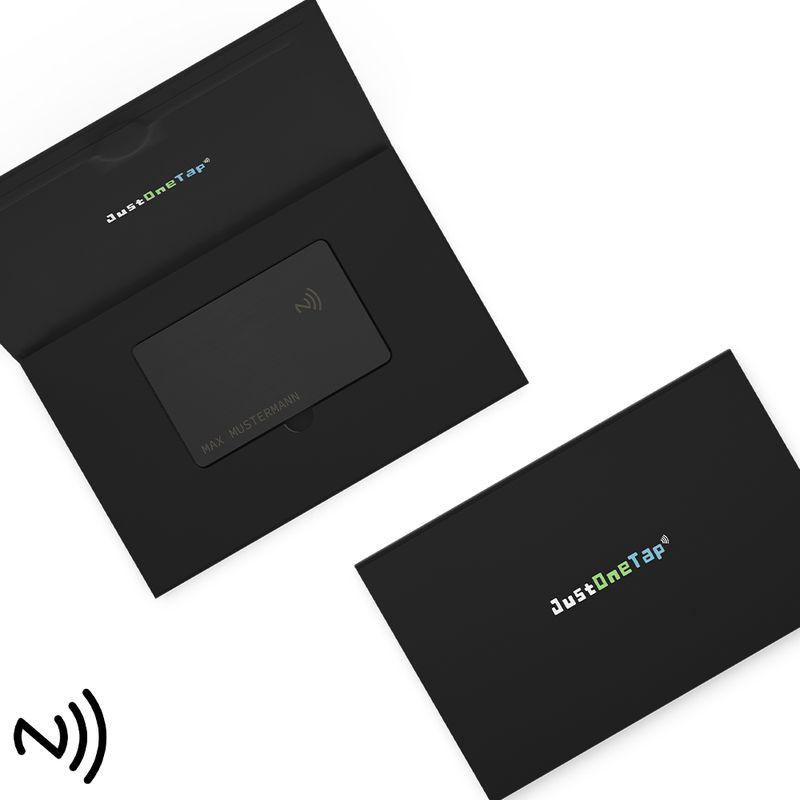 Smarte NFC-Visitenkarte mit Namensgravur (gebürsteter Edelstahl in Pure Black)
