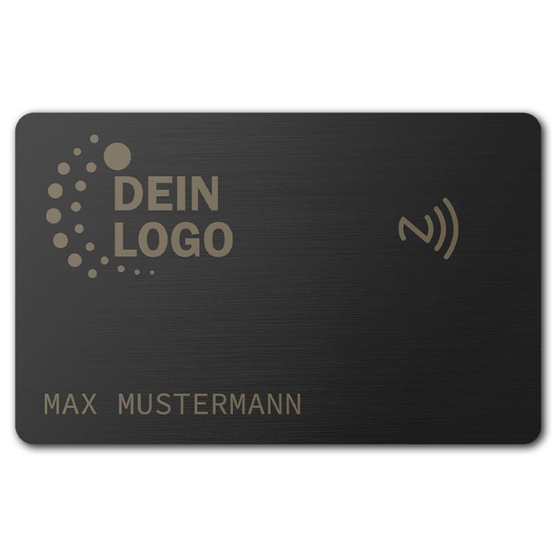 Smarte NFC-Visitenkarte mit Logo- und Namensgravur (gebürsteter Edelstahl in Pure Black)