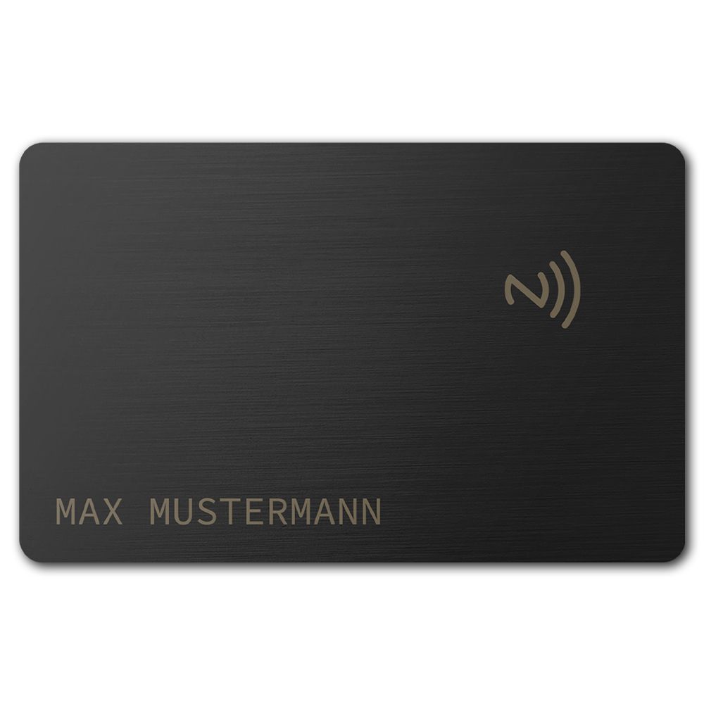 Smarte NFC-Visitenkarte mit Namensgravur (gebürsteter Edelstahl in Pure Black)