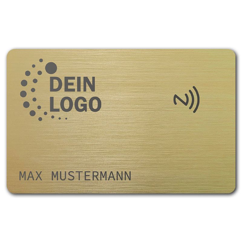 Smarte NFC-Visitenkarte mit Logo- und Namensgravur (gebürsteter Edelstahl in Brushed Gold)