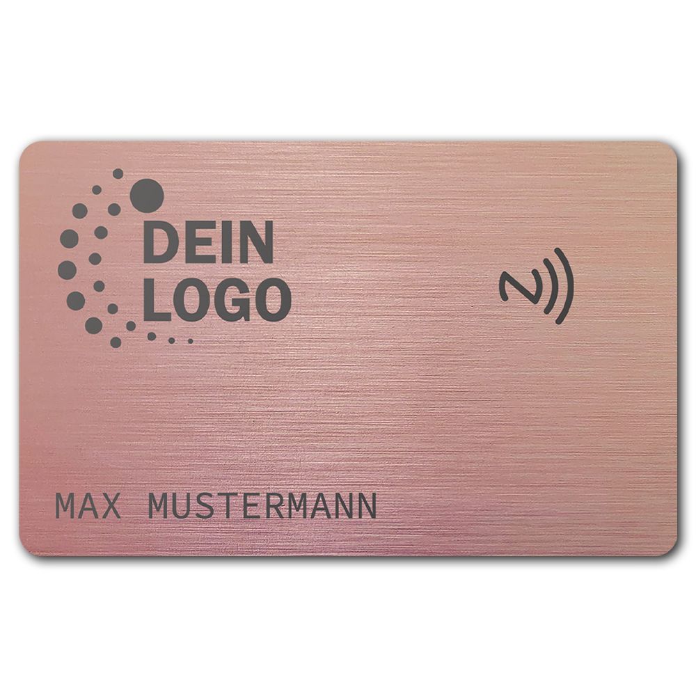 Smarte NFC-Visitenkarte mit Logo- und Namensgravur (gebürsteter Edelstahl in Brushed Rosé)