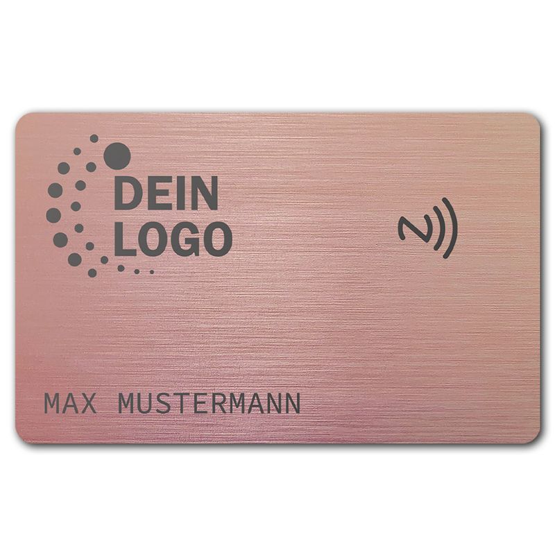 Smarte NFC-Visitenkarte mit Logo- und Namensgravur (gebürsteter Edelstahl in Brushed Rosé)
