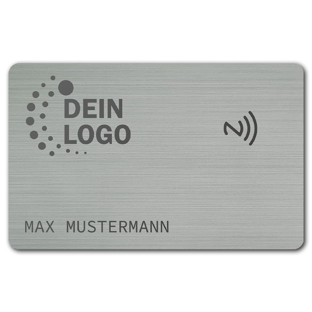 Smarte NFC-Visitenkarte mit Logo- und Namensgravur (gebürsteter Edelstahl in Brushed Silver) Smarte NFC-Visitenkarte mit Logo- und Namensgravur (gebürsteter Edelstahl in Brushed Silver)