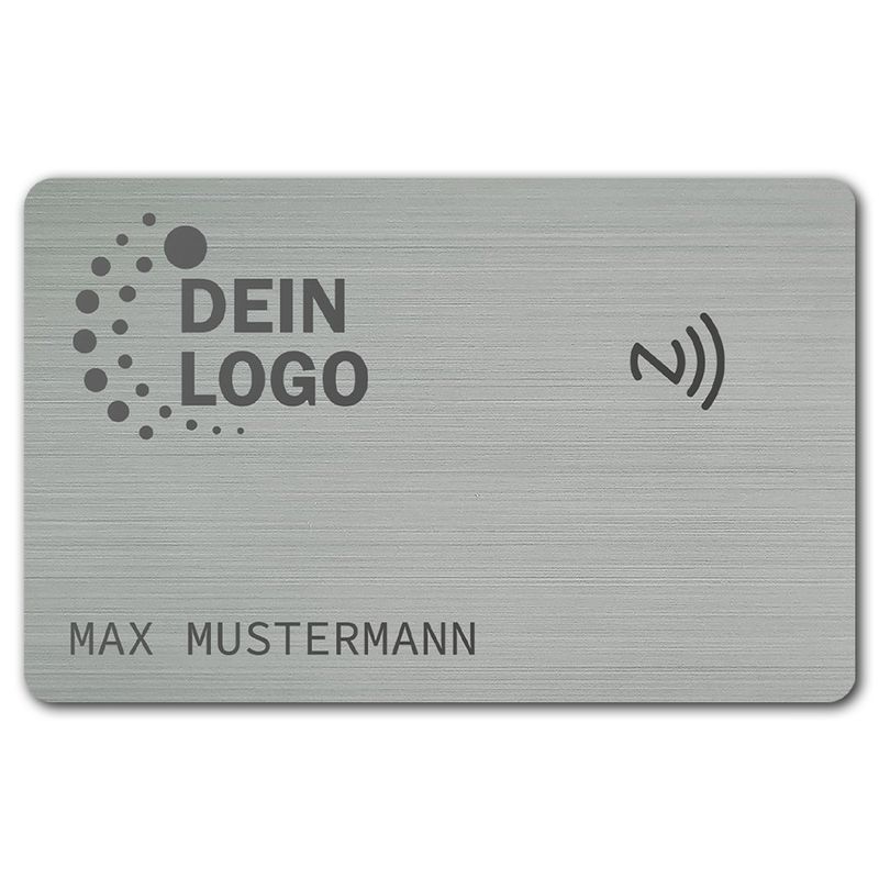 Smarte NFC-Visitenkarte mit Logo- und Namensgravur (gebürsteter Edelstahl in Brushed Silver)