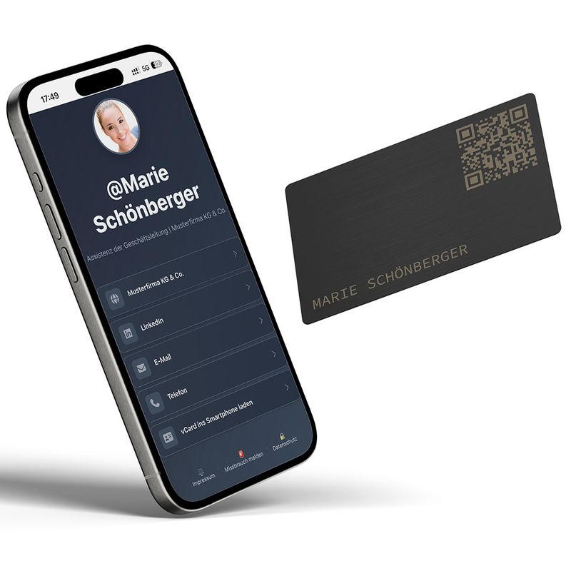 QR-Visitenkarte aus Metall mit Namensgravur und eigenem Dashboard zur Verwaltung (Pure Black)