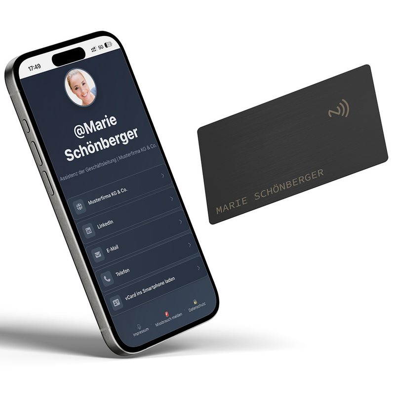 NFC-Visitenkarte aus Metall mit Namensgravur (Farbe Pure Black)