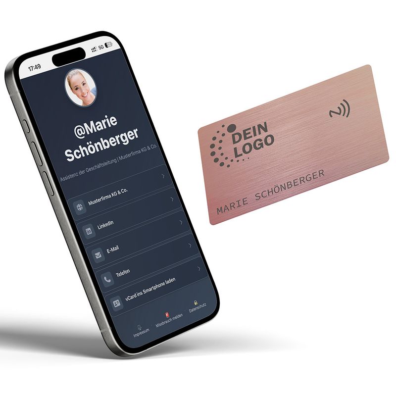 NFC-Visitenkarte aus Metall mit Logo- und Namensgravur (Farbe Brushed Rosé)