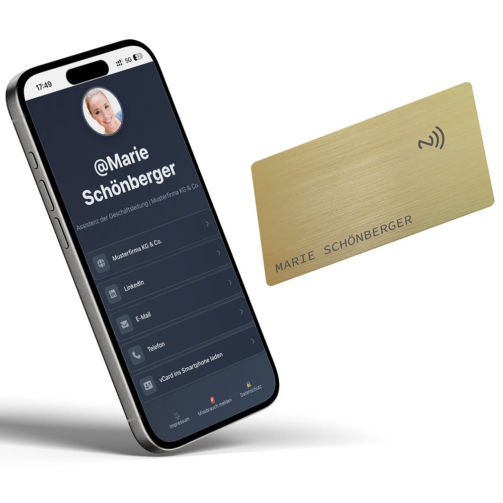NFC-Visitenkarte mit Gravur und Verwaltung im eigenen Dashboard + vCard (Download ins Smartphone) Brushed Gold