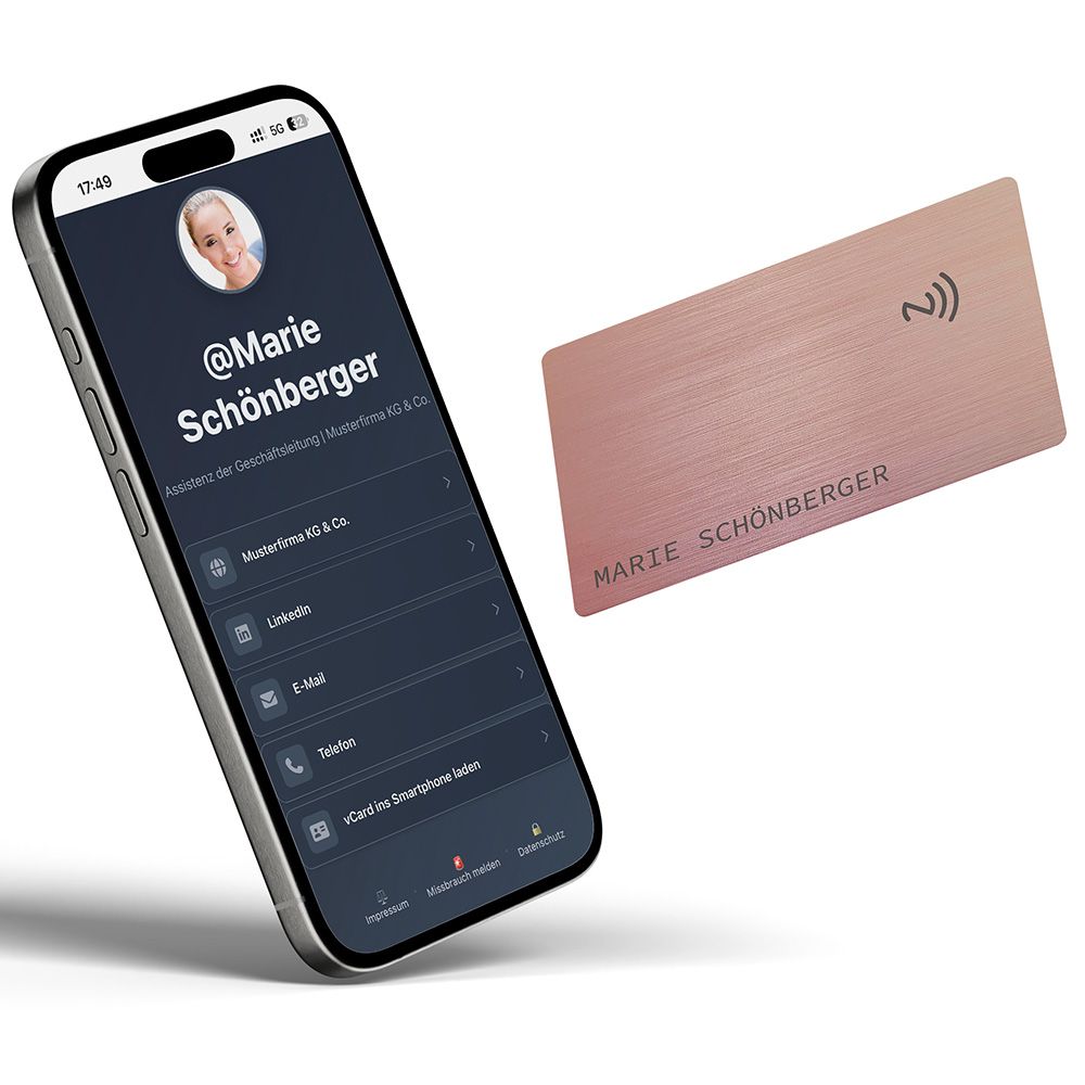 NFC-Visitenkarte mit Gravur und Verwaltung im eigenen Dashboard + vCard (Download ins Smartphone) Brushed Rosé