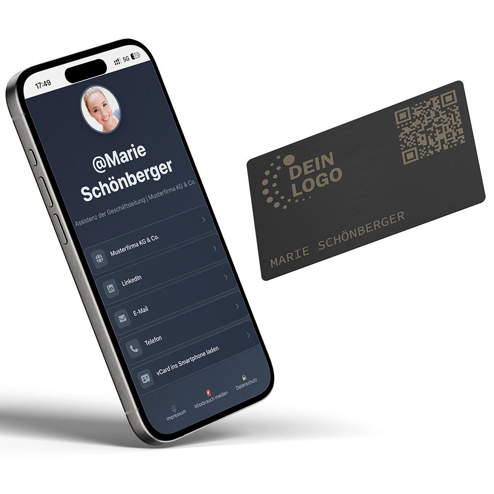 NFC-Visitenkarte aus Metall mit Logo- und Namensgravur (Farbe Pure Black) NFC-Visitenkarte aus Metall mit Logo- und Namensgravur (Farbe Pure Black)