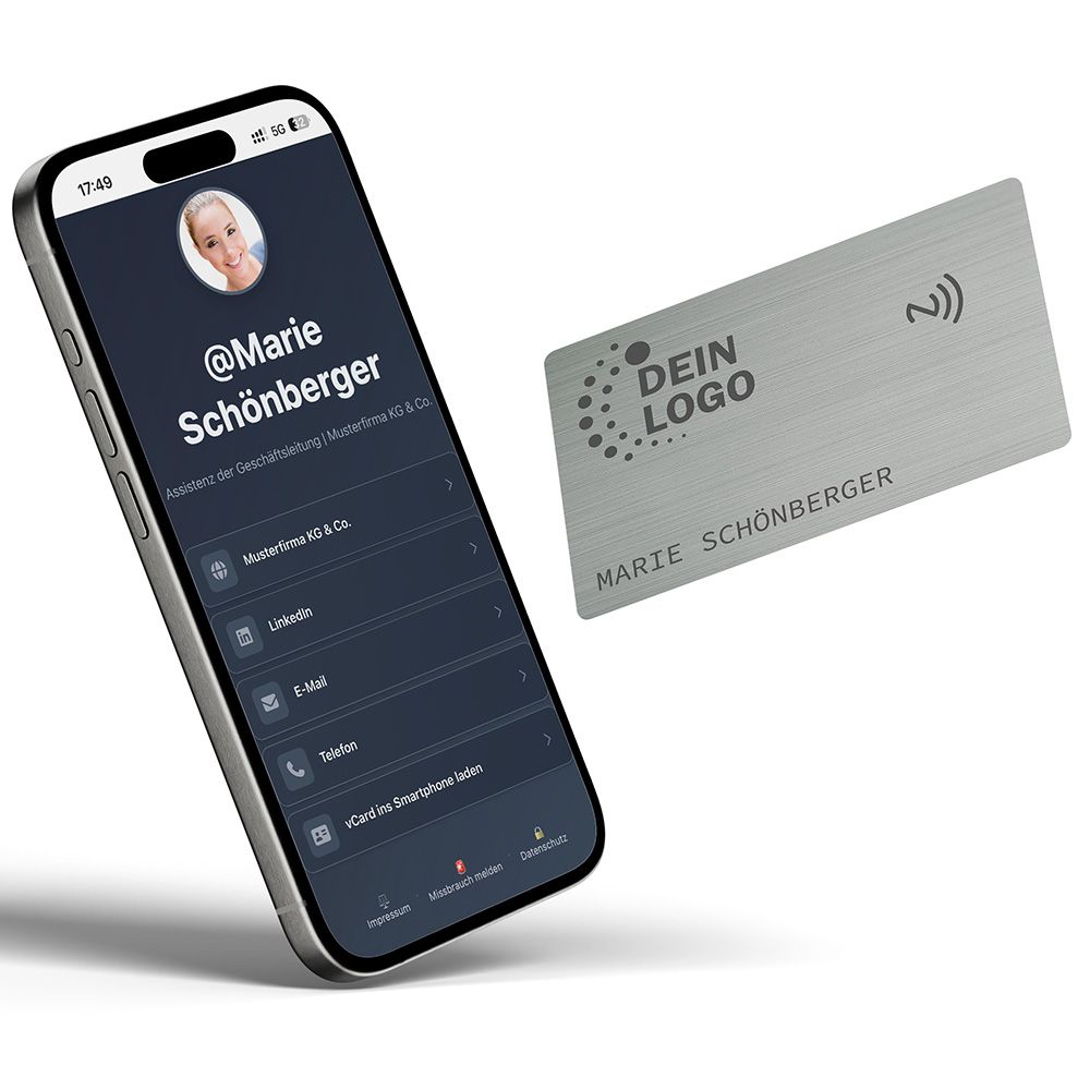 NFC-Visitenkarte aus Metall inkl. Logogravur und Verwaltung der Daten im eigenen Dashboard + vCard (Download ins Smartphone) Brushed Silver