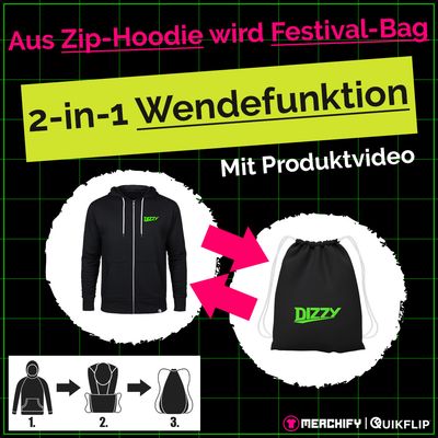 Quikflip© DJ Dizzy Zip-Hoodie mit integriertem Festival-Bag (Unisex)