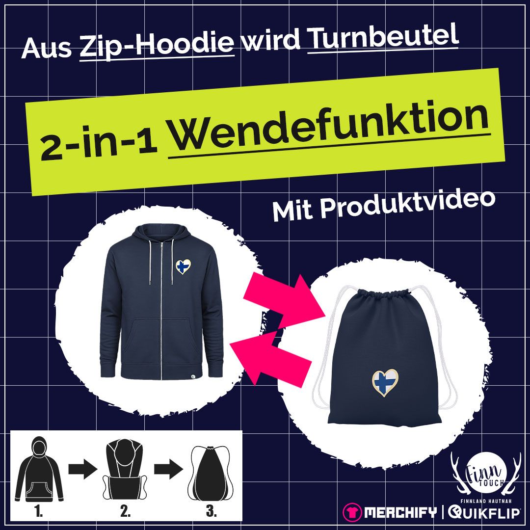 Finnland Zip-Hoodie, verwandelbar in Turnbeutel (Unisex) | by Quikflip©